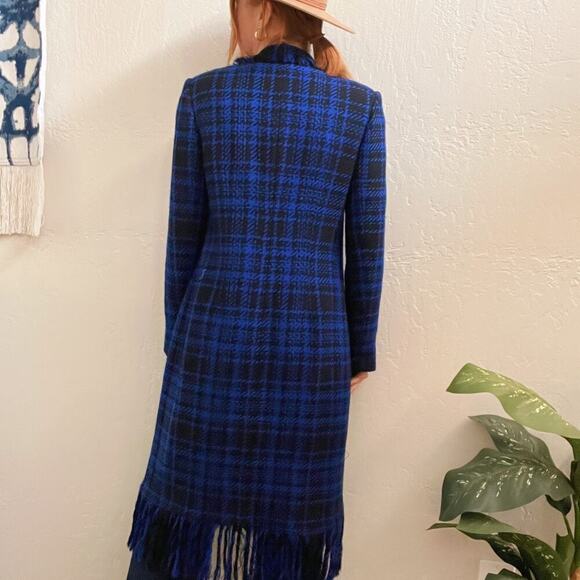 Vintage 100% Wool Blue Plaid Fringe Longline Blazer Jacket Coat - Picture 5 of 8